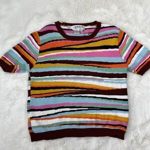 Vintage COLOUR 18 Women’s Short Sleeve Multi Colored Striped Knit Top Size Med